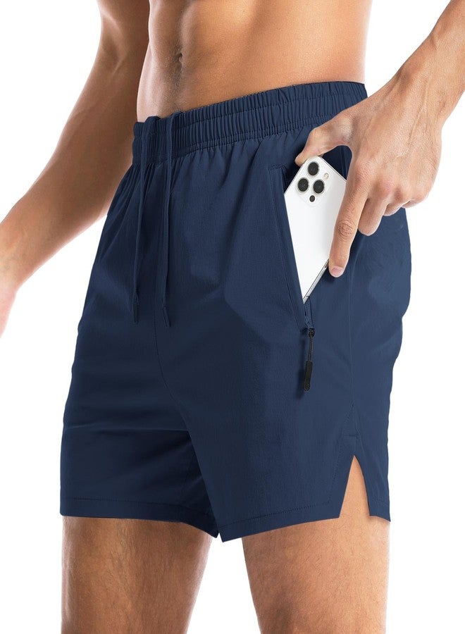 Aolesy Men's Gym Shorts 5 Inch Quick Dry Workout Running Shorts with Zipper Pockets Lightweight Sports Athletic Shorts for Men Navy Blue - Image 1